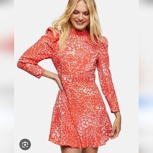 Topshop Orange Mini A Line  Leopard Print High Neck Open Back Dress